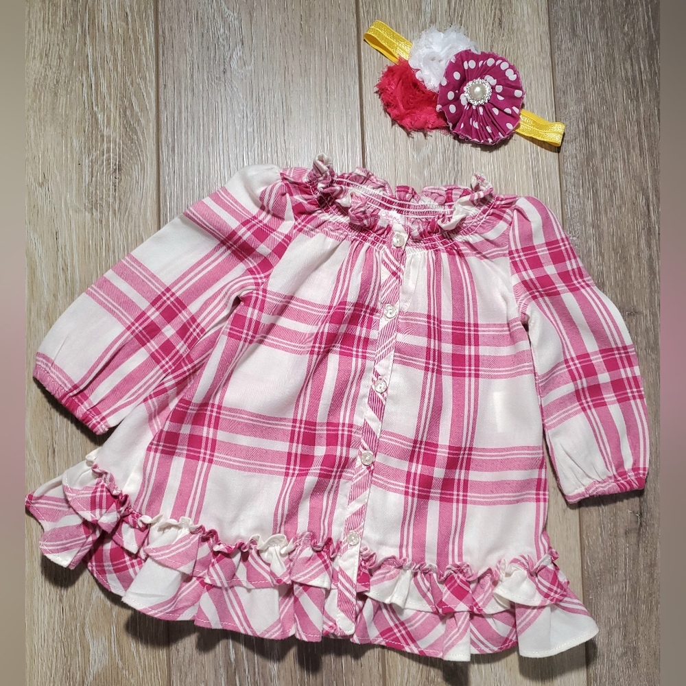 Chaps baby girls pink & off white plaid, ruffle blouse Size 6M